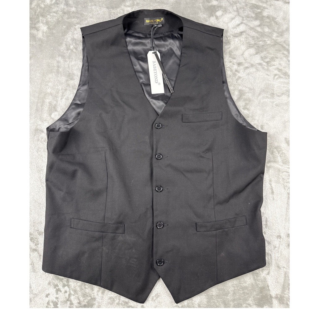 Babeyond Mens Formal Suit Vest Black 5-Button Waistcoat Adjustable Back Size L